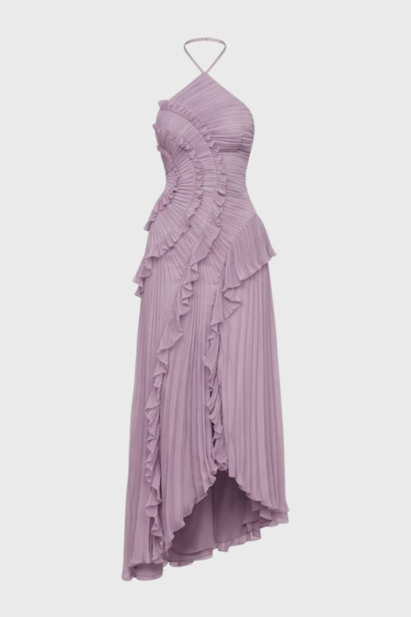 Maxi Jurk Dames - Halter met Ruches | Asymmetrische Zoom - Lichtroze