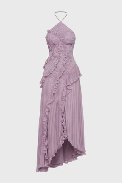 Maxi Jurk Dames - Halter met Ruches | Asymmetrische Zoom - Lichtroze