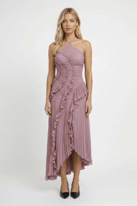 Maxi Jurk Dames - Halter met Ruches | Asymmetrische Zoom - Lichtroze