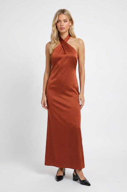 Maxi Jurk Dames - Halter Neck Elegant | Gekruiste Bandjes — Terracotta