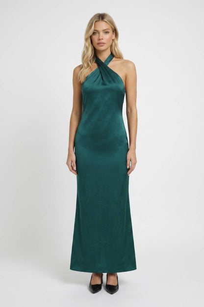 Maxi Jurk Dames - Halter Neck Elegant | Gekruiste Bandjes — Groen