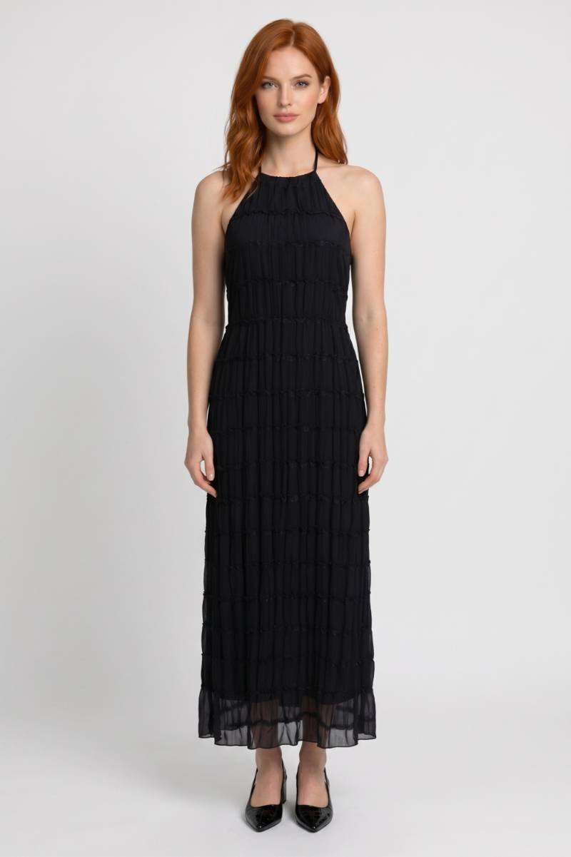 Maxi Jurk Dames - Halter Plissé | Gelaagde Textuur — Zwart