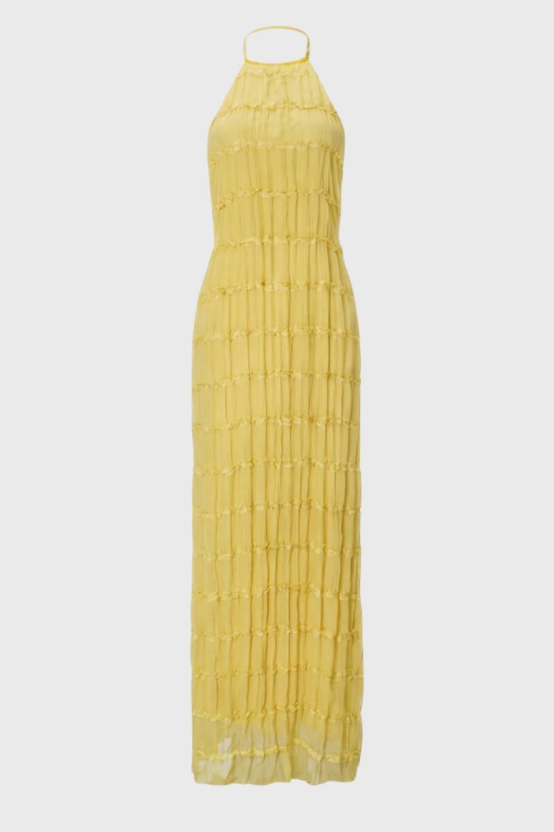 Maxi Jurk Dames - Halter Plissé | Gelaagde Textuur — Geel