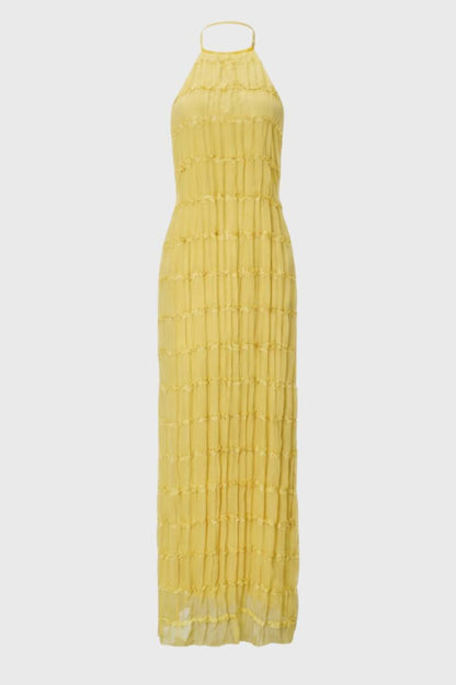 Maxi Jurk Dames - Halter Plissé | Gelaagde Textuur — Geel