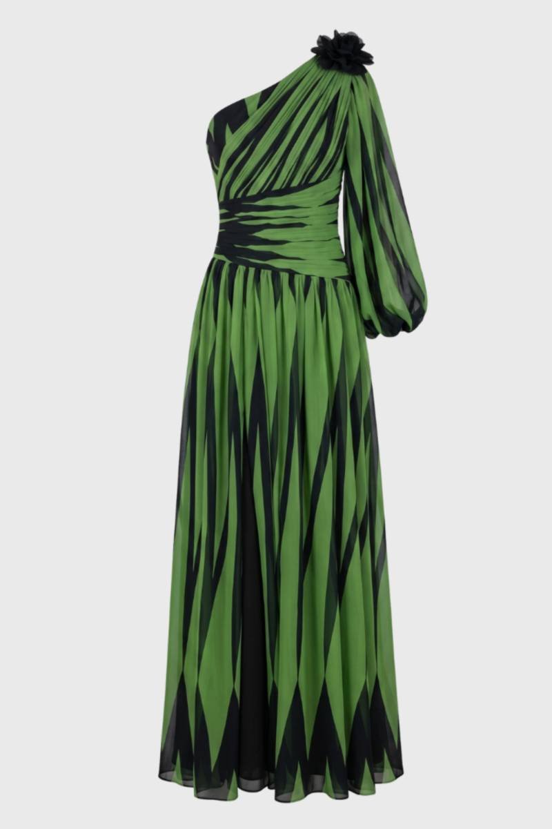 Maxi Jurk Dames - One Shoulder met Riem | Bloemmotief Detail — Groen