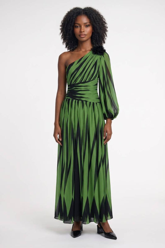 Maxi Jurk Dames - One Shoulder met Riem | Bloemmotief Detail — Groen