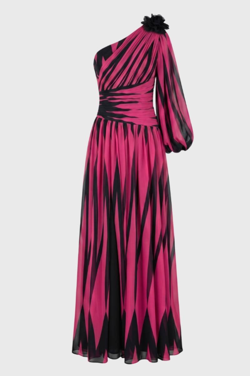 Maxi Jurk Dames - One Shoulder met Riem | Bloemmotief Detail — Felroze