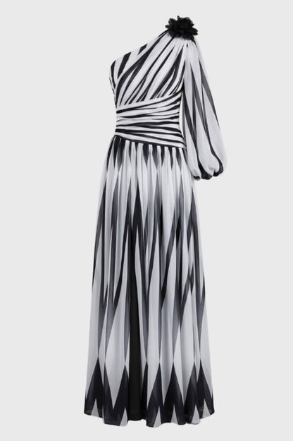 Maxi Jurk Dames - One Shoulder met Riem | Bloemmotief Detail — Wit