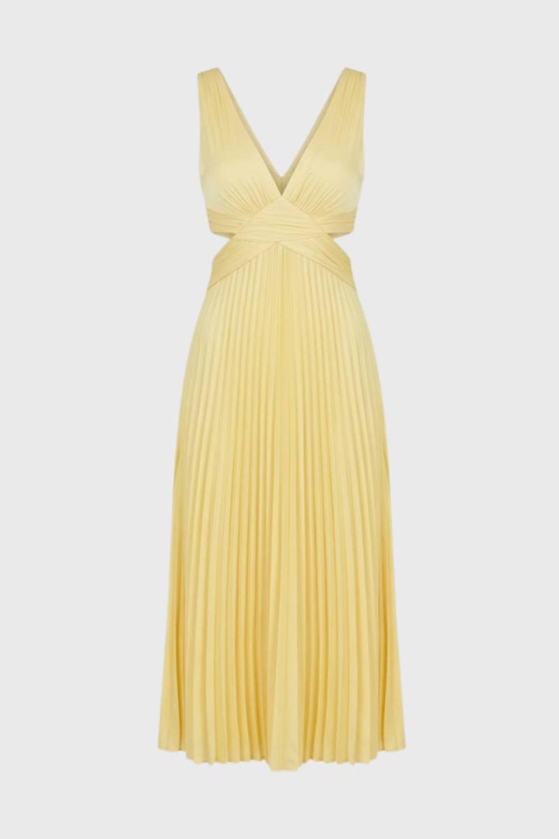 Maxi Jurk Dames - Plissé V-hals met Cut-Out Details | Elegant - Geel
