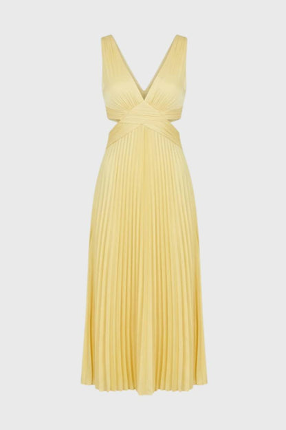 Maxi Jurk Dames - Plissé V-hals met Cut-Out Details | Elegant - Geel