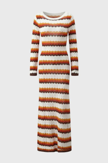 Maxi Jurk Dames - Retro met Zigzag Patroon | Lange Mouwen — Gestreept Oranje