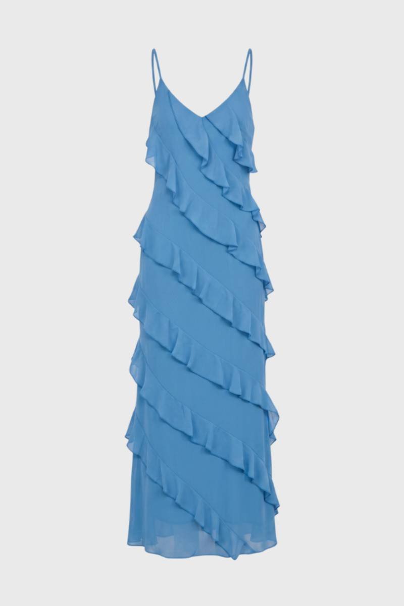 Maxi Jurk Dames - Ruches Bandjes | V-hals — blauw