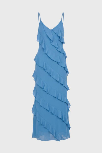 Maxi Jurk Dames - Ruches Bandjes | V-hals — blauw