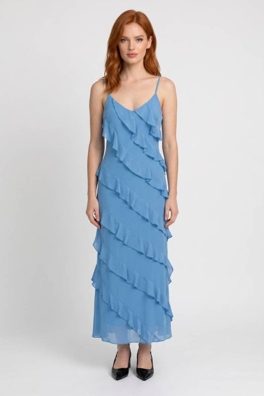 Maxi Jurk Dames - Ruches Bandjes | V-hals — blauw