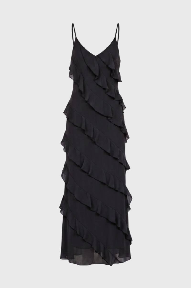 Maxi Jurk Dames - Ruches Bandjes | V-hals — zwart