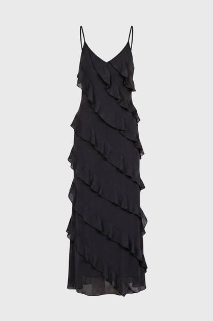 Maxi Jurk Dames - Ruches Bandjes | V-hals — zwart