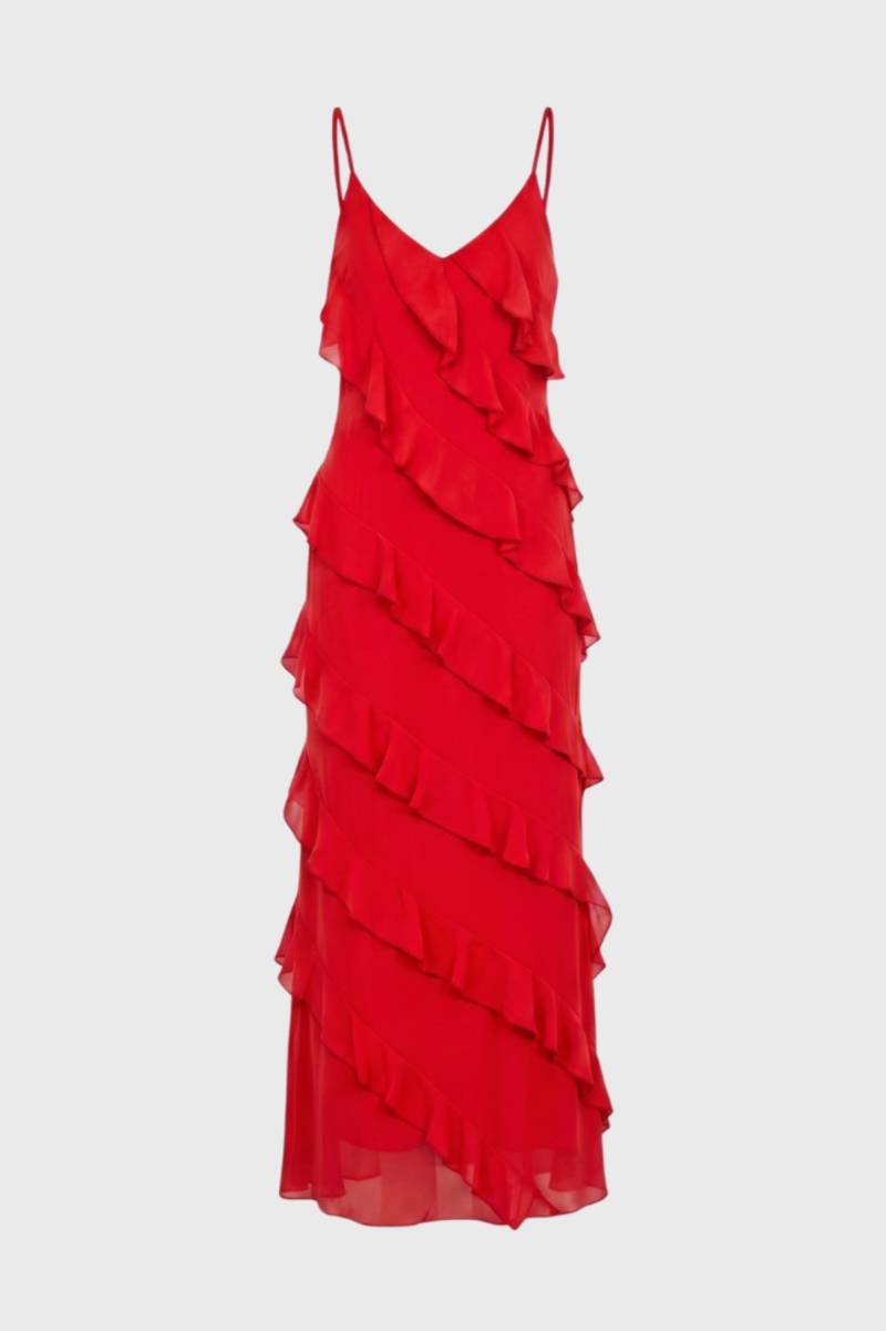 Maxi Jurk Dames - Ruches Bandjes | V-hals — rood