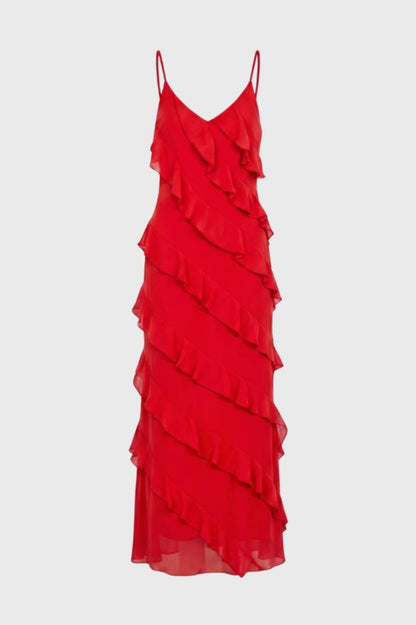 Maxi Jurk Dames - Ruches Bandjes | V-hals — rood