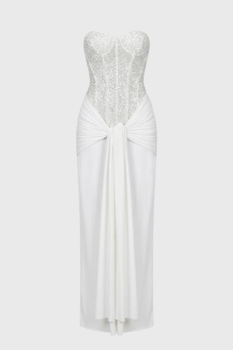 Maxi Jurk Dames - Strapless met Pailletten | Ceintuur Detail - Wit
