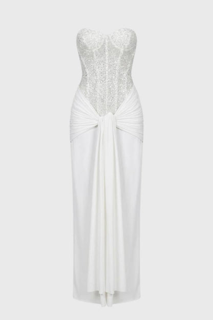 Maxi Jurk Dames - Strapless met Pailletten | Ceintuur Detail - Wit