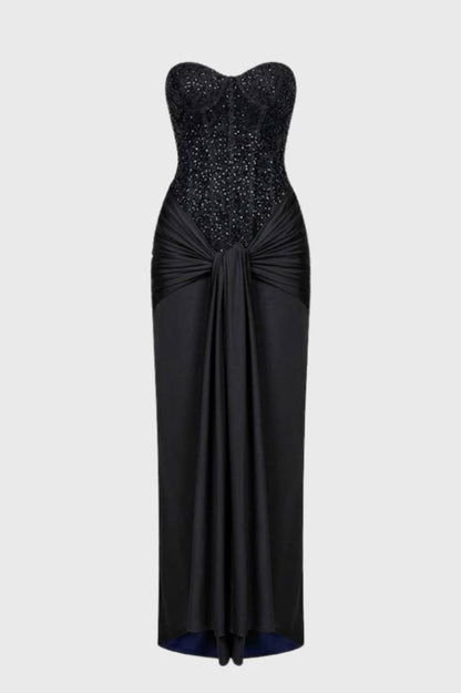 Maxi Jurk Dames - Strapless met Pailletten | Ceintuur Detail - Zwart
