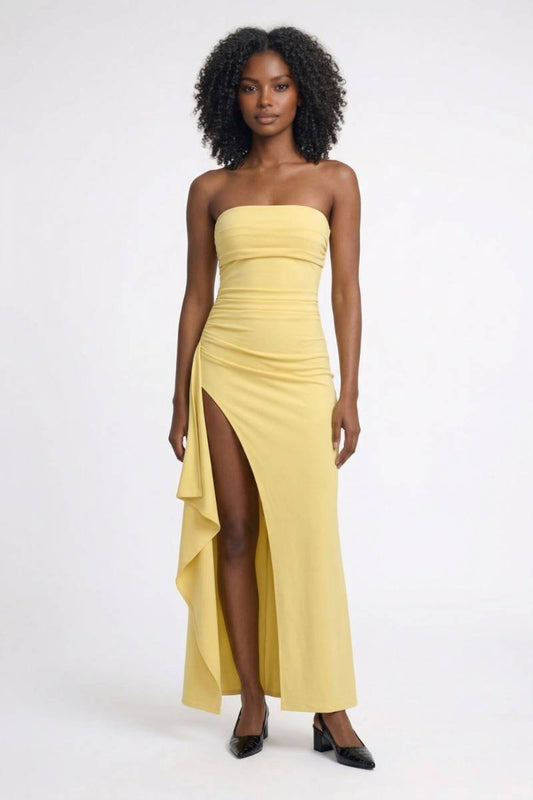 Maxi Jurk Dames - Strapless met Split | Getailleerd - Geel