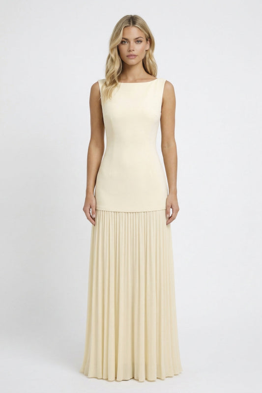 Maxi Jurk Dames - Strakke Top met Plissé Rok en Boothals | Elegant