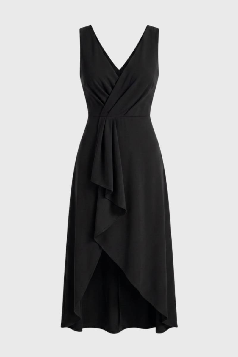 Midi Jurk Dames - Asymmetrische Wikkel | V-hals — Zwart