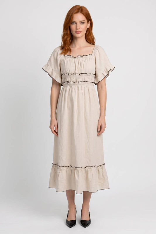 Midi Jurk Dames - Boho met Geplooide Details | Korte Mouwen