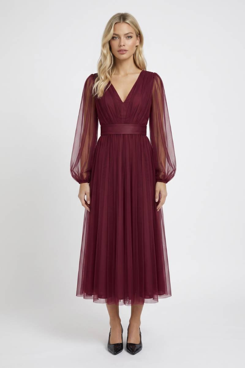 Midi Jurk Dames - Elegante Ballonmouwen | V-hals Ceintuur — Wijnrood