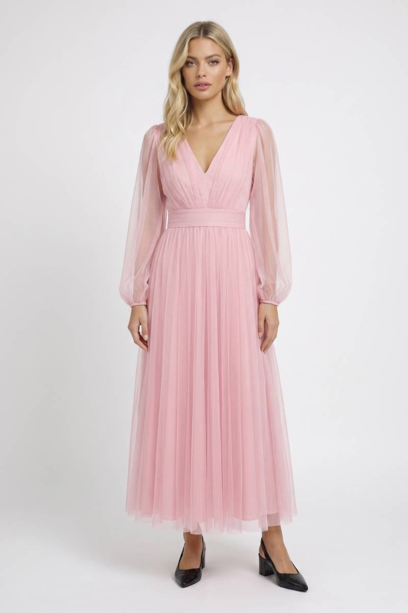 Midi Jurk Dames - Elegante Ballonmouwen | V-hals Ceintuur — Roze