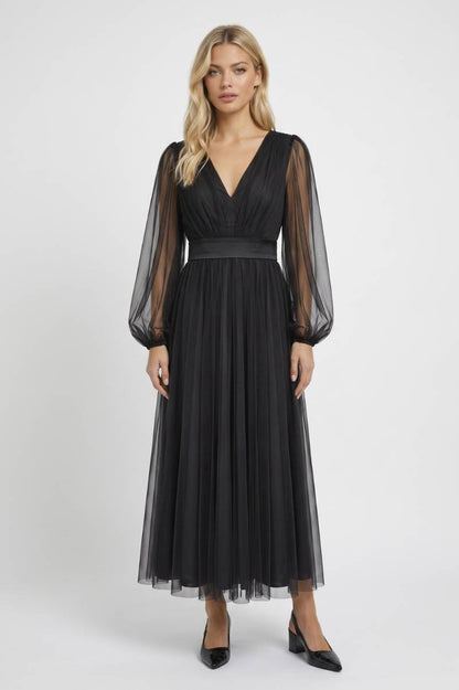 Midi Jurk Dames - Elegante Ballonmouwen | V-hals Ceintuur — Zwart