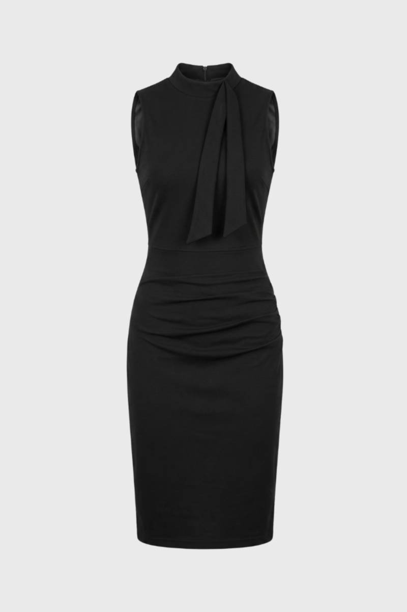 Midi Jurk Dames - Mouwloos met Strikdetail | Geplooid — Zwart