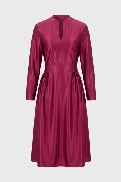 Midi Jurk Dames - V-hals met Ceintuur | Lange Mouwen — Bordeaux