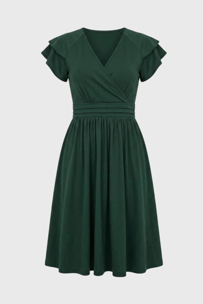 Midi Jurk Dames - V-hals met Rufflemouwen | Getailleerd — Donkergroen