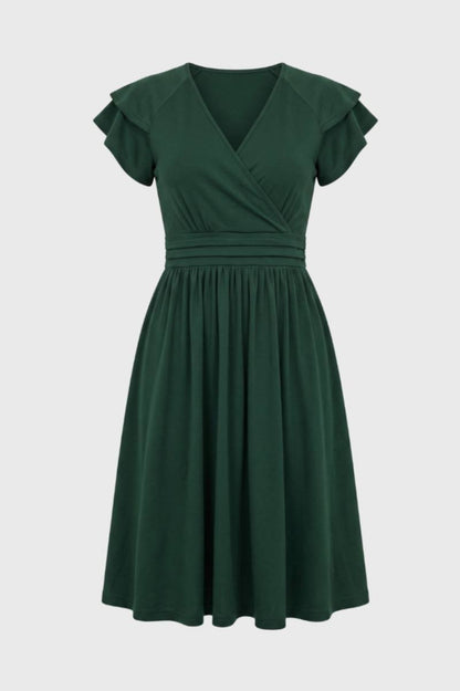 Midi Jurk Dames - V-hals met Rufflemouwen | Getailleerd — Donkergroen