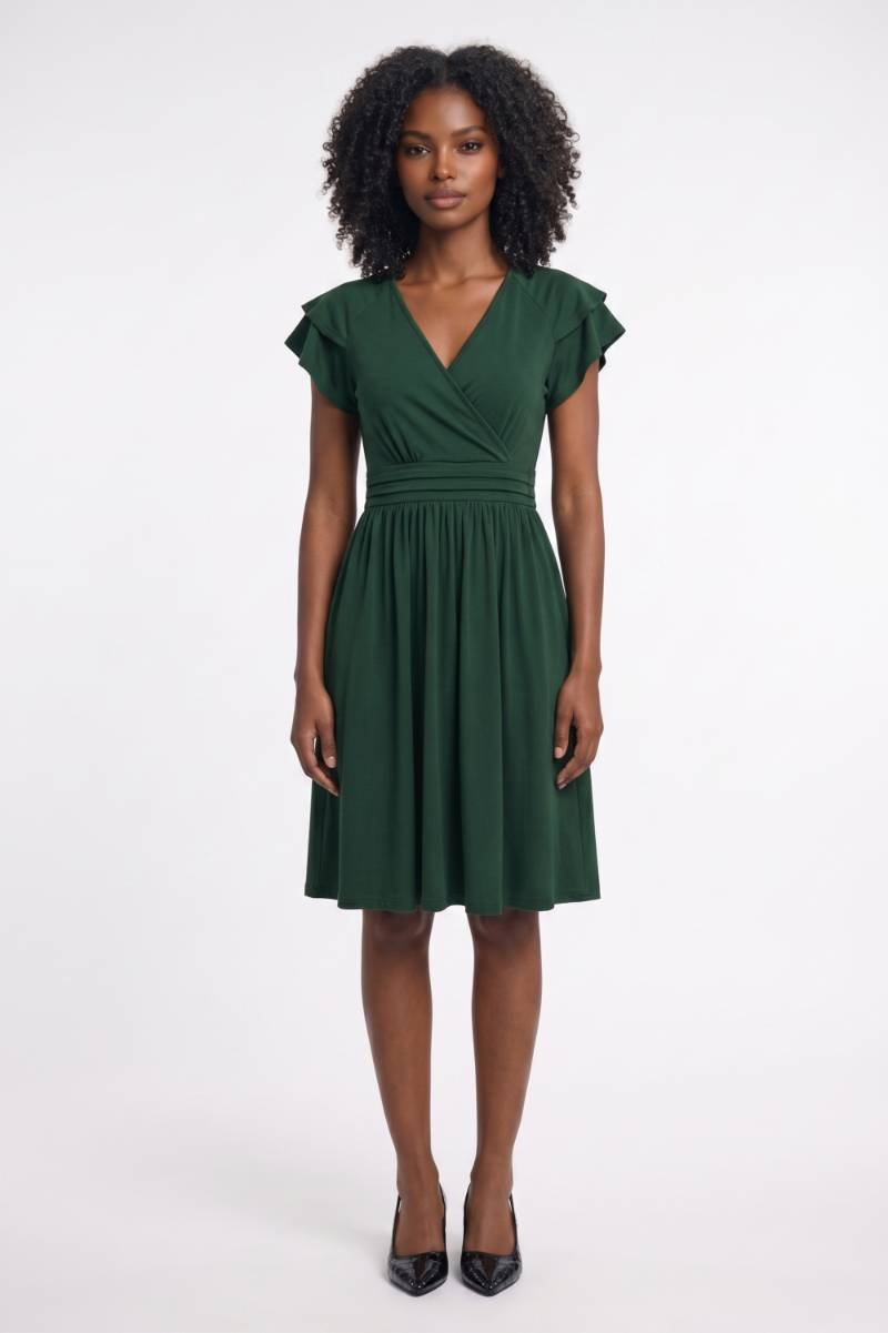 Midi Jurk Dames - V-hals met Rufflemouwen | Getailleerd — Donkergroen