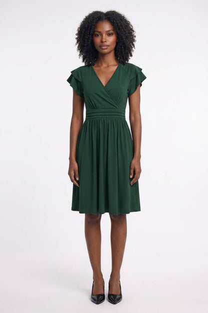 Midi Jurk Dames - V-hals met Rufflemouwen | Getailleerd — Donkergroen