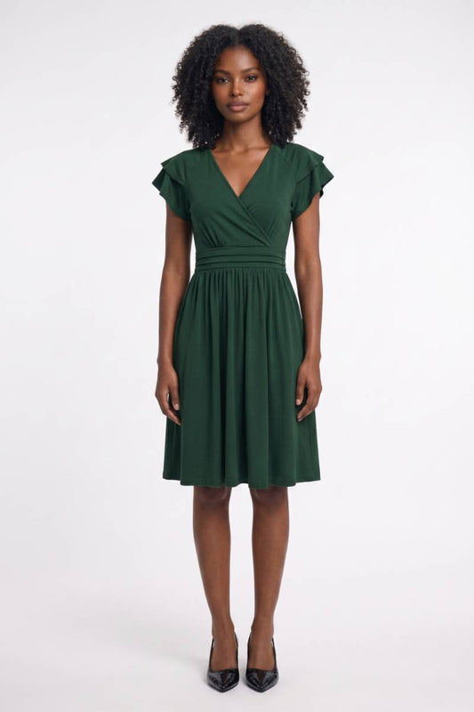 Midi Jurk Dames - V-hals met Rufflemouwen | Getailleerd — Donkergroen