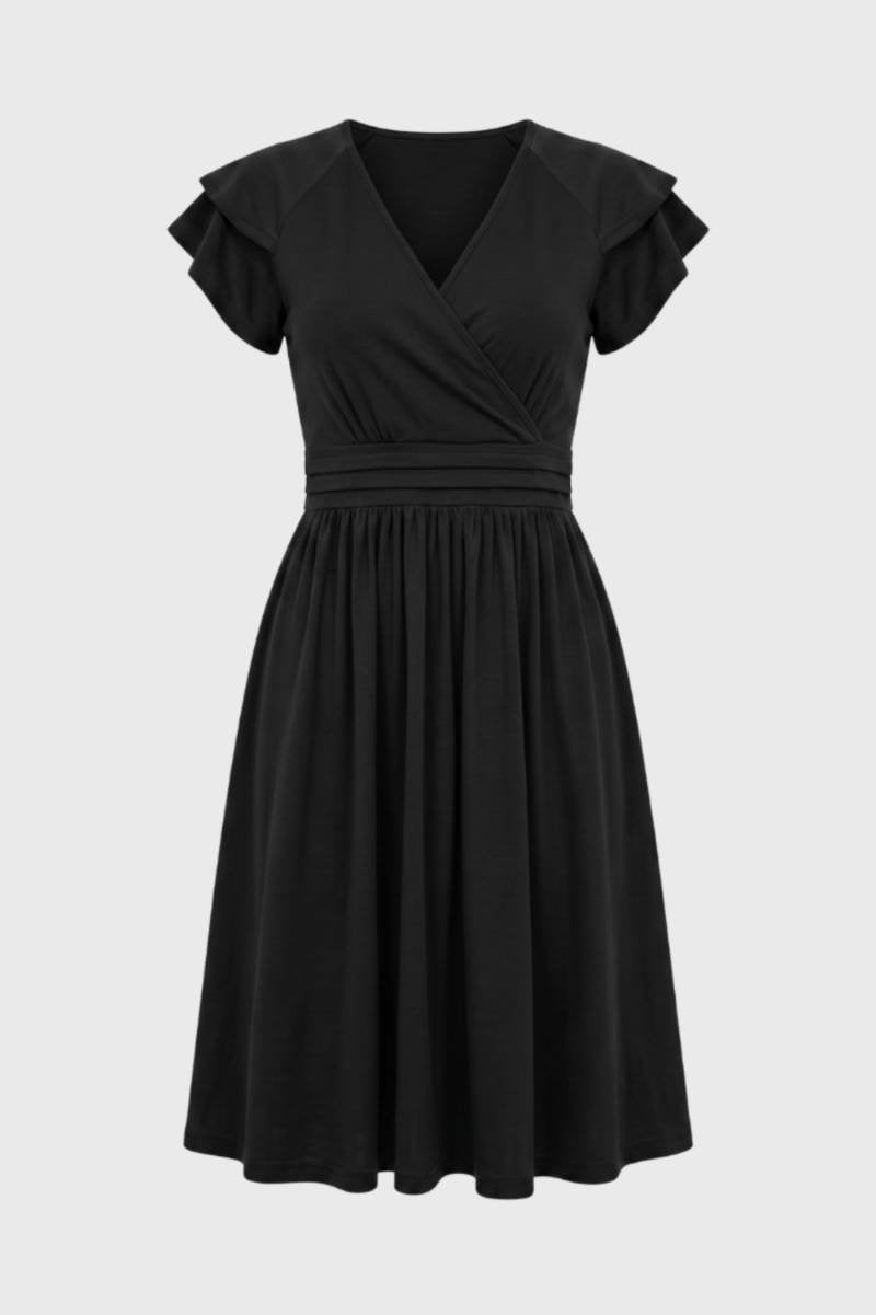 Midi Jurk Dames - V-hals met Rufflemouwen | Getailleerd — Zwart