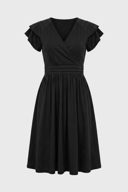 Midi Jurk Dames - V-hals met Rufflemouwen | Getailleerd — Zwart