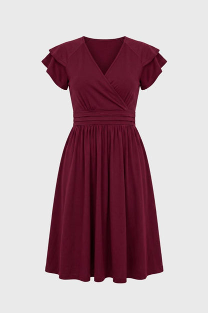 Midi Jurk Dames - V-hals met Rufflemouwen | Getailleerd — Bordeaux