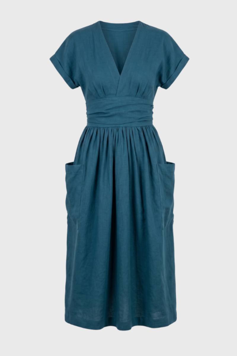 Midi Jurk Dames - V-hals met Zakken | Getailleerd — Petrol