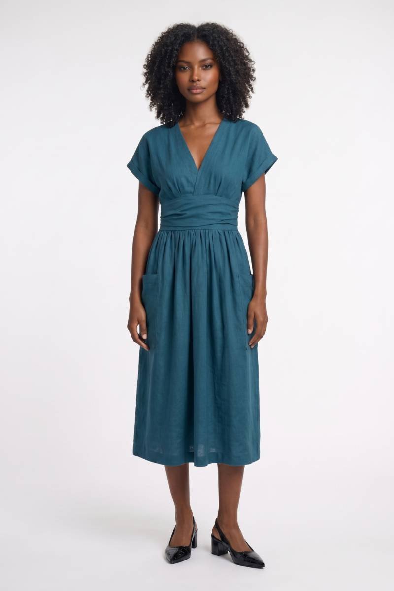 Midi Jurk Dames - V-hals met Zakken | Getailleerd — Petrol