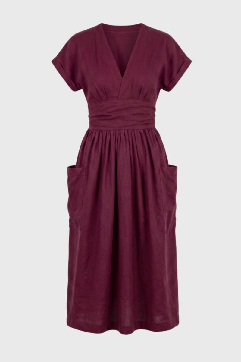 Midi Jurk Dames - V-hals met Zakken | Getailleerd — Bordeaux