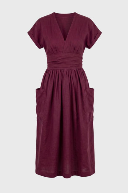 Midi Jurk Dames - V-hals met Zakken | Getailleerd — Bordeaux