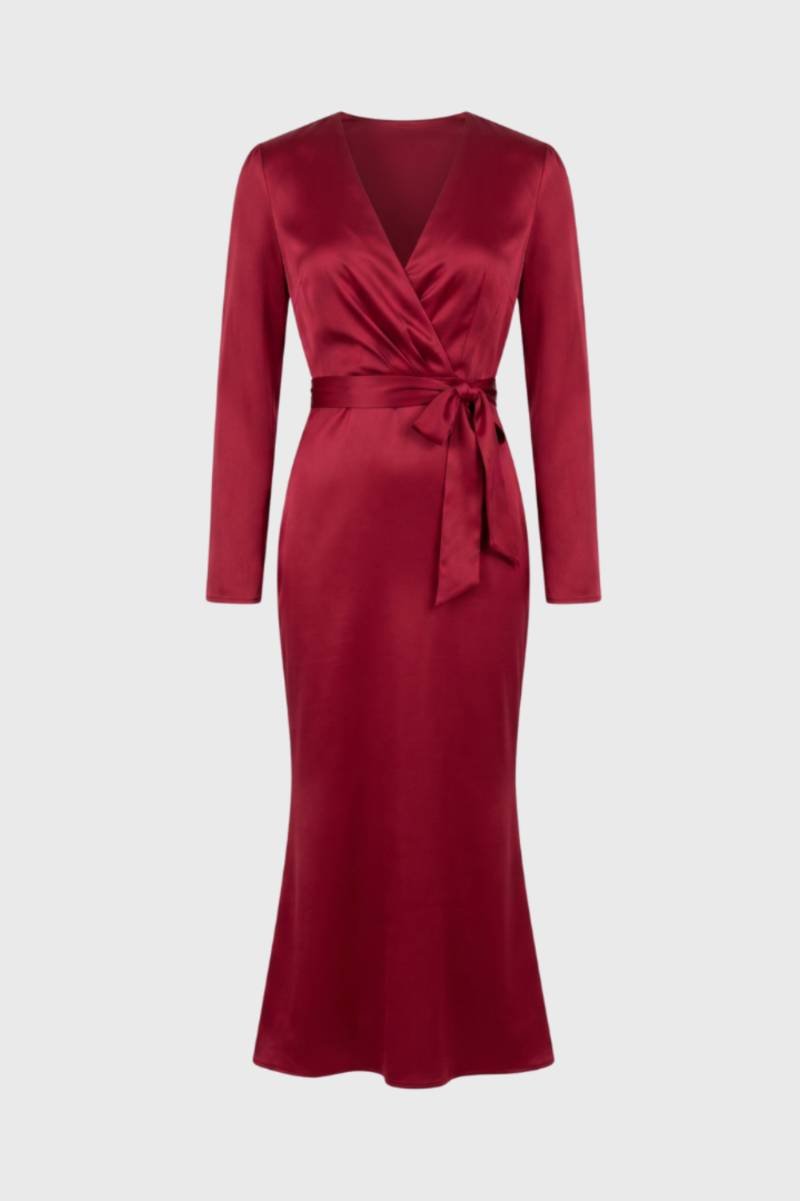 Midi Jurk Dames - Wikkel Model Lange Mouwen | Strikceintuur — Bordeaux