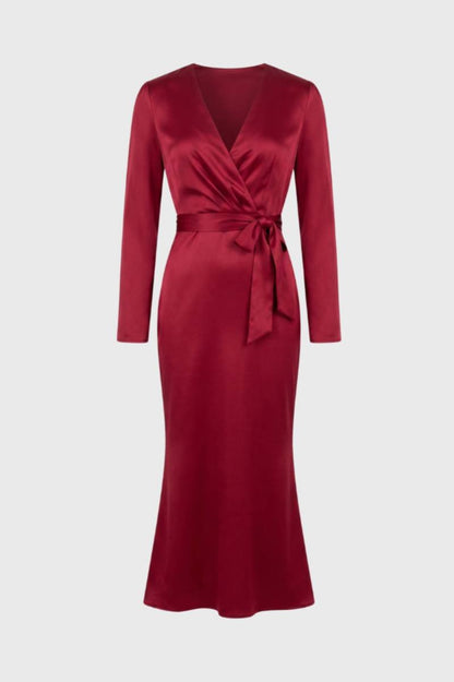 Midi Jurk Dames - Wikkel Model Lange Mouwen | Strikceintuur — Bordeaux
