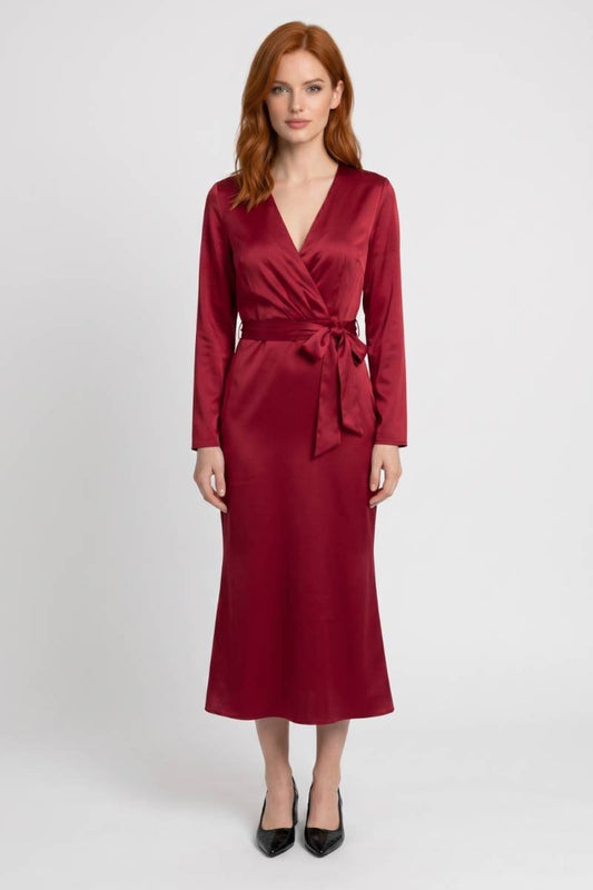 Midi Jurk Dames - Wikkel Model Lange Mouwen | Strikceintuur — Bordeaux