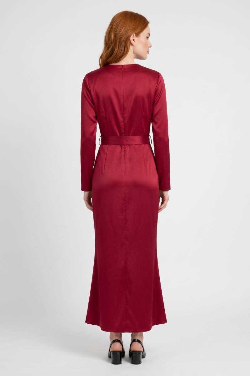 Midi Jurk Dames - Wikkel Model Lange Mouwen | Strikceintuur — Bordeaux